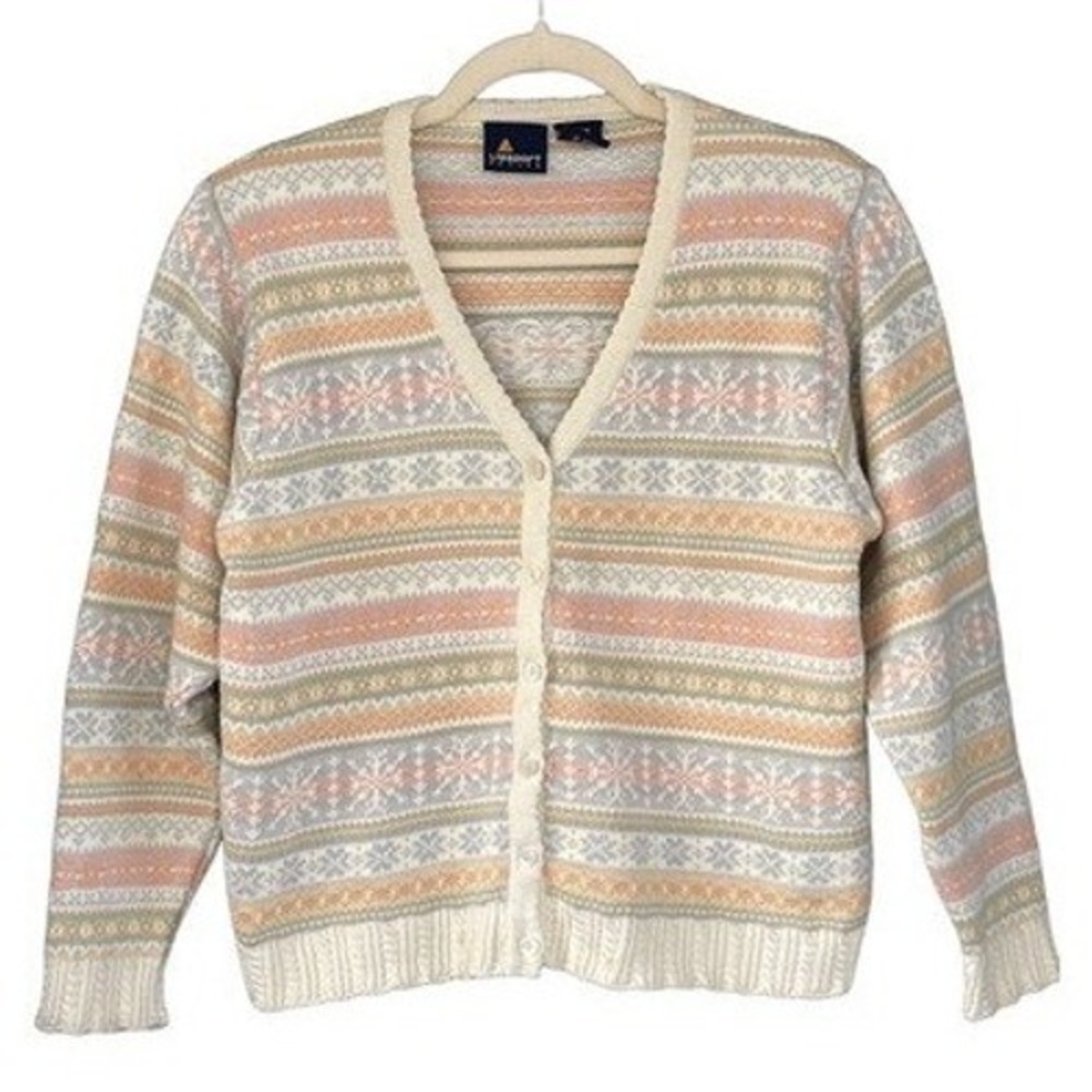 T9 80s VTG Lizsport Petite Fair Isle Knit Cardigan Sweater Pastel‎ Snowflakes